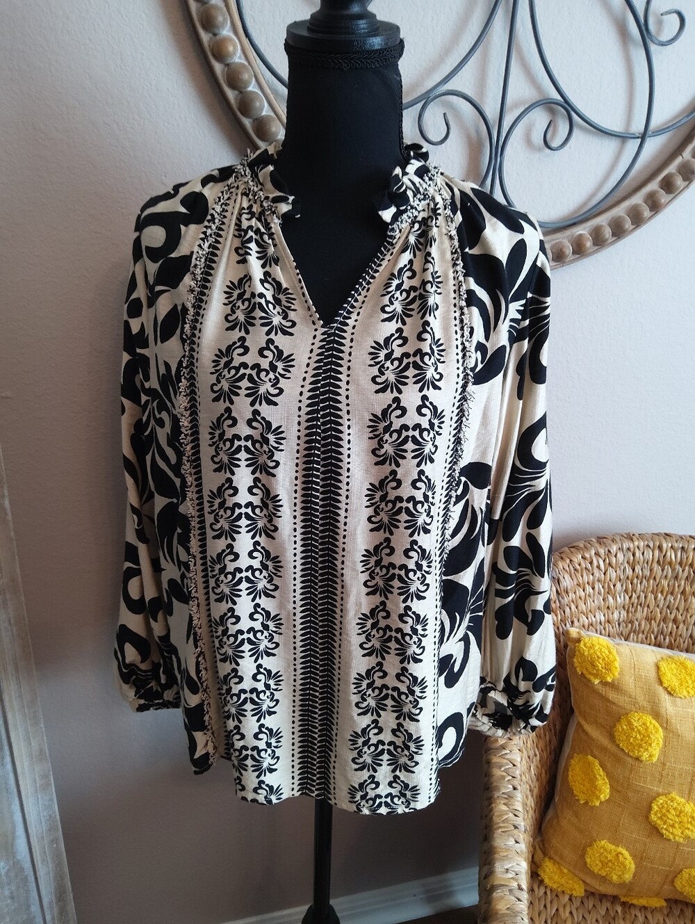 Gigio Black & Cream Printed Women's Boho Blouse